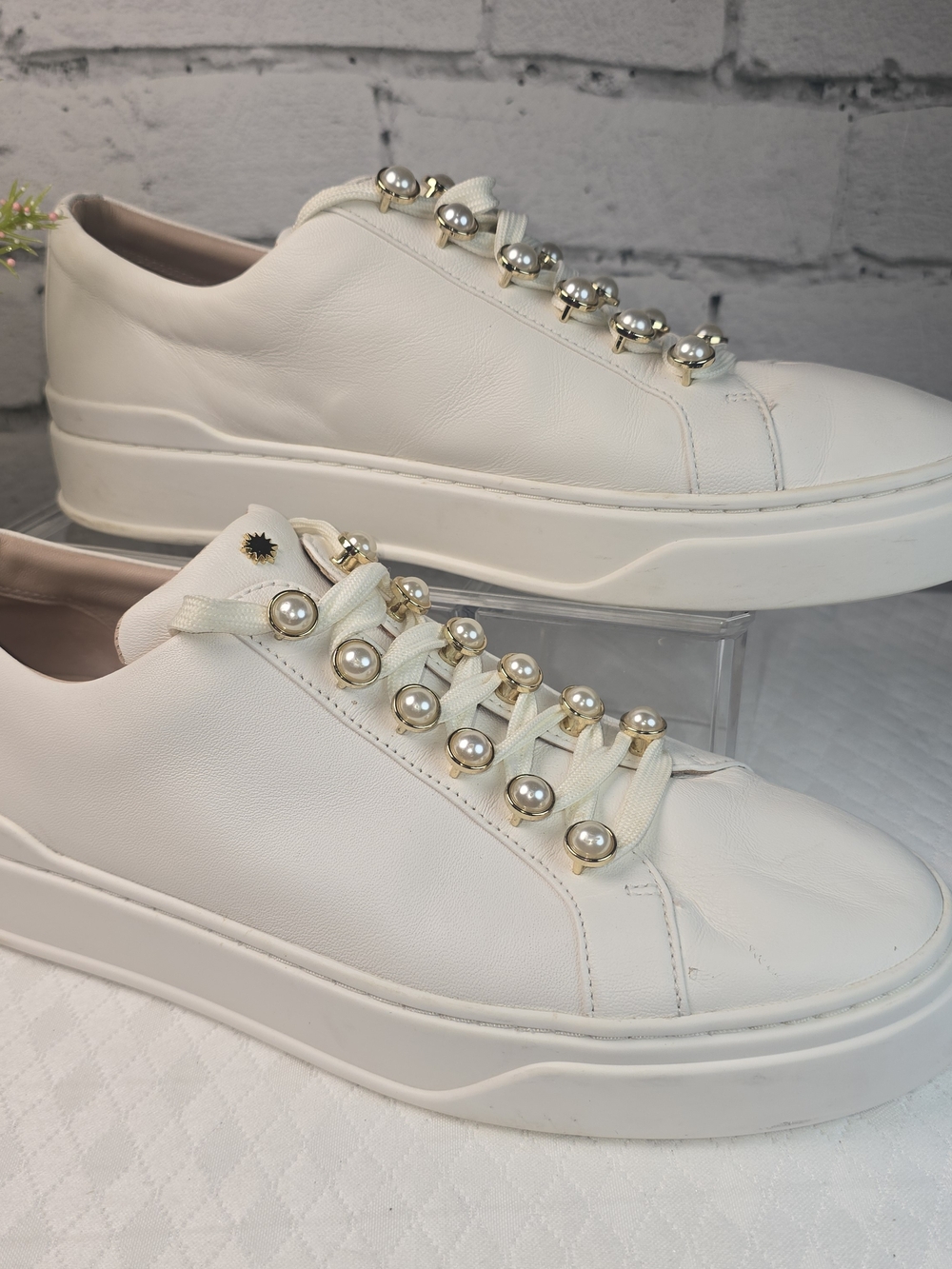 Stuart Weitzman Excelsa Cream Pearl-Embellished Platform Sneakers women’s 8.5